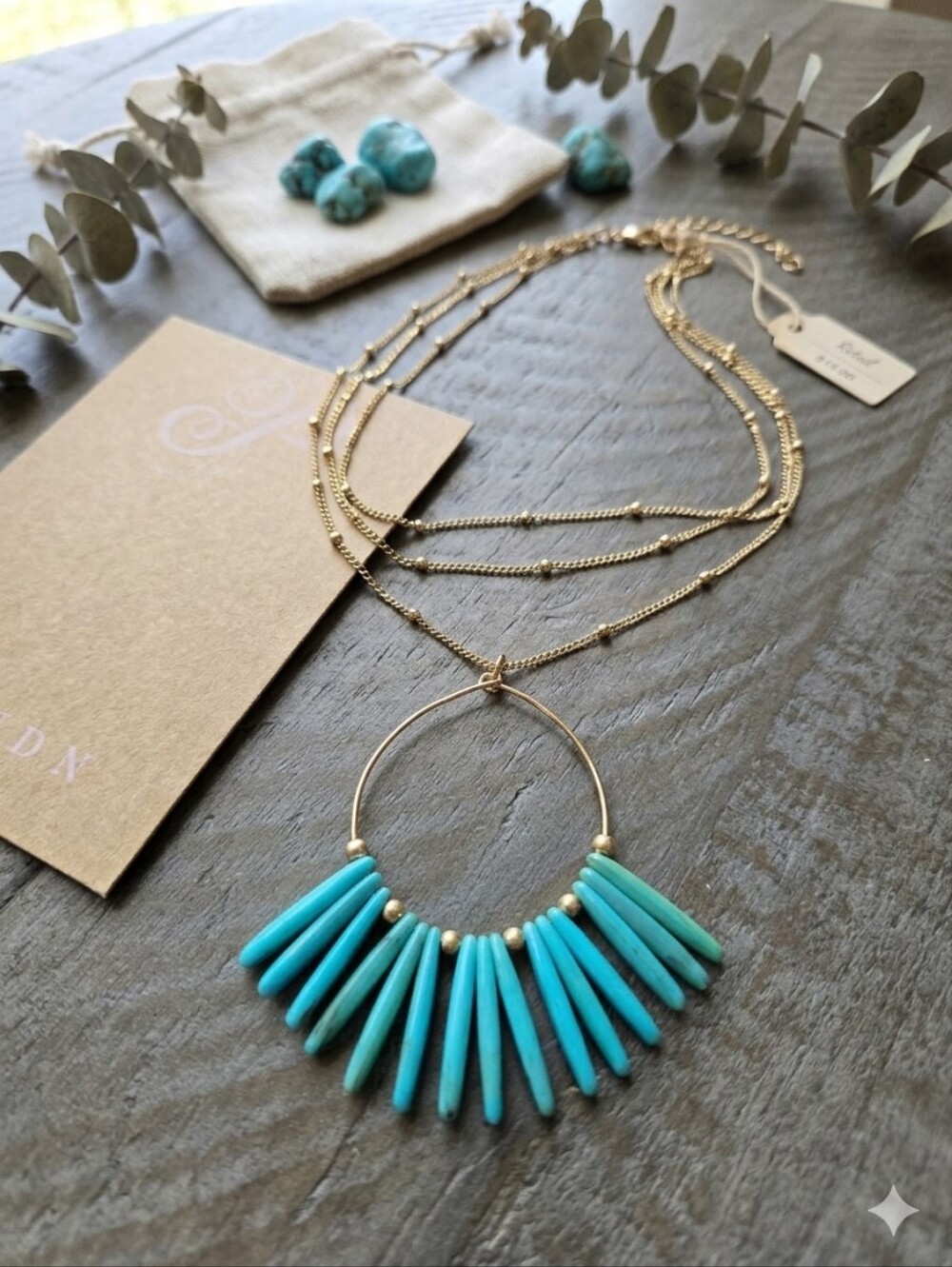 Plunder Gold Layered Necklace with Turquoise Spike Fringe